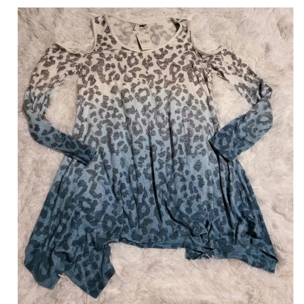 Cato Est. 1946 Cold Shoulder Shirt Blue Leopard Ombre Long Sleeve XS NWT